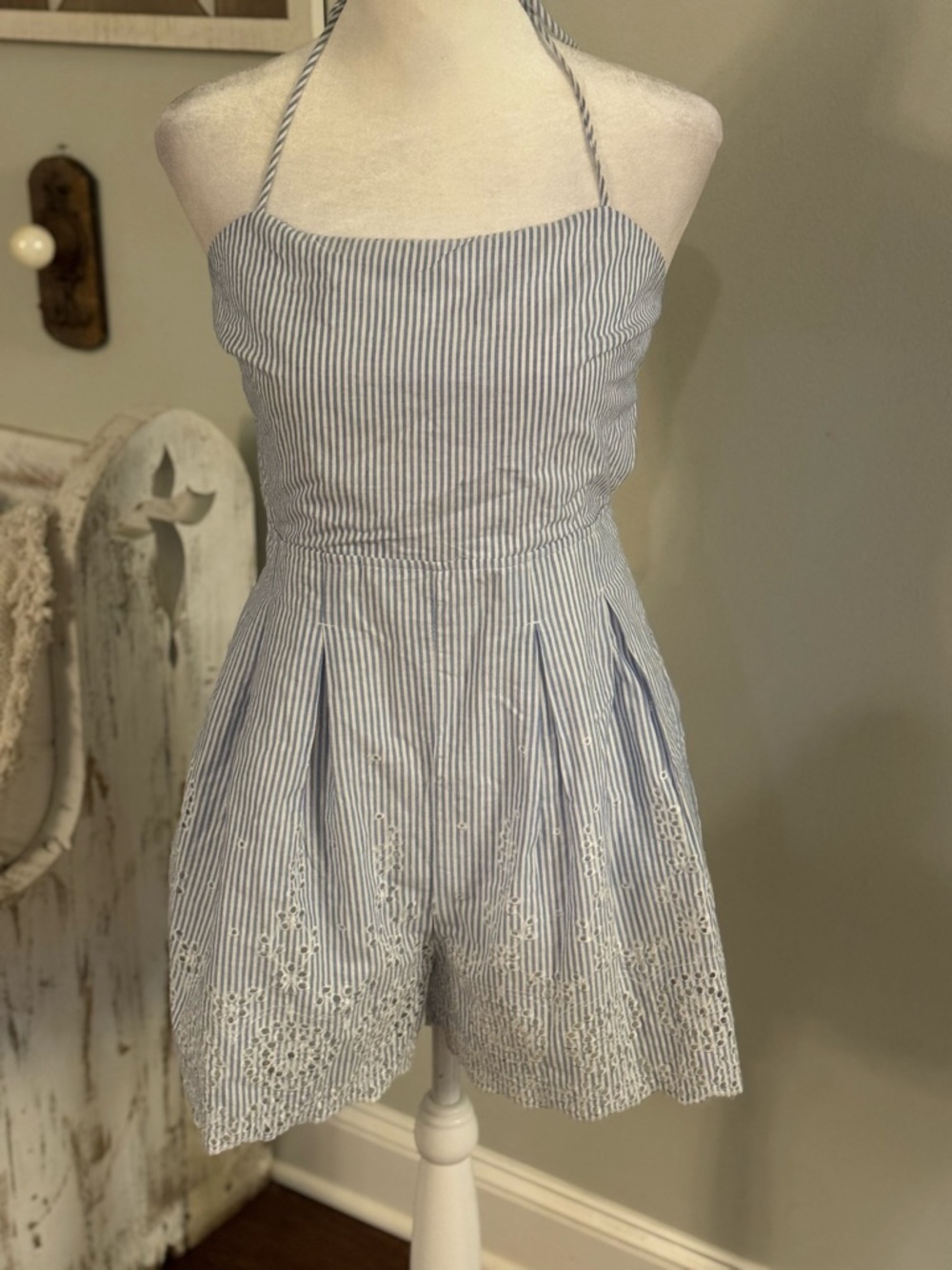 Striped Blue Halter Romper with Eyelet Hem
Graduation/Beach